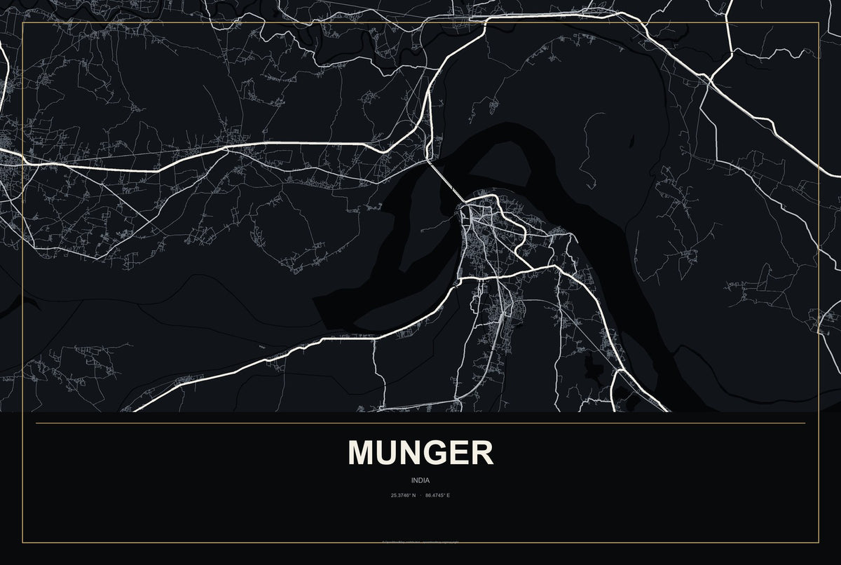 Munger, India City Map Aluminum Sign in Metropolitan Noir style