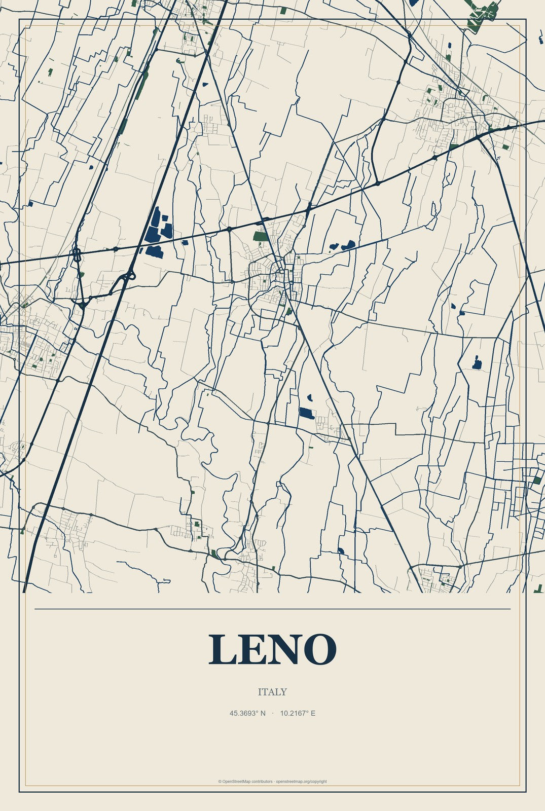 Leno, Italy City Map Aluminum Sign in Coastal Cutout style