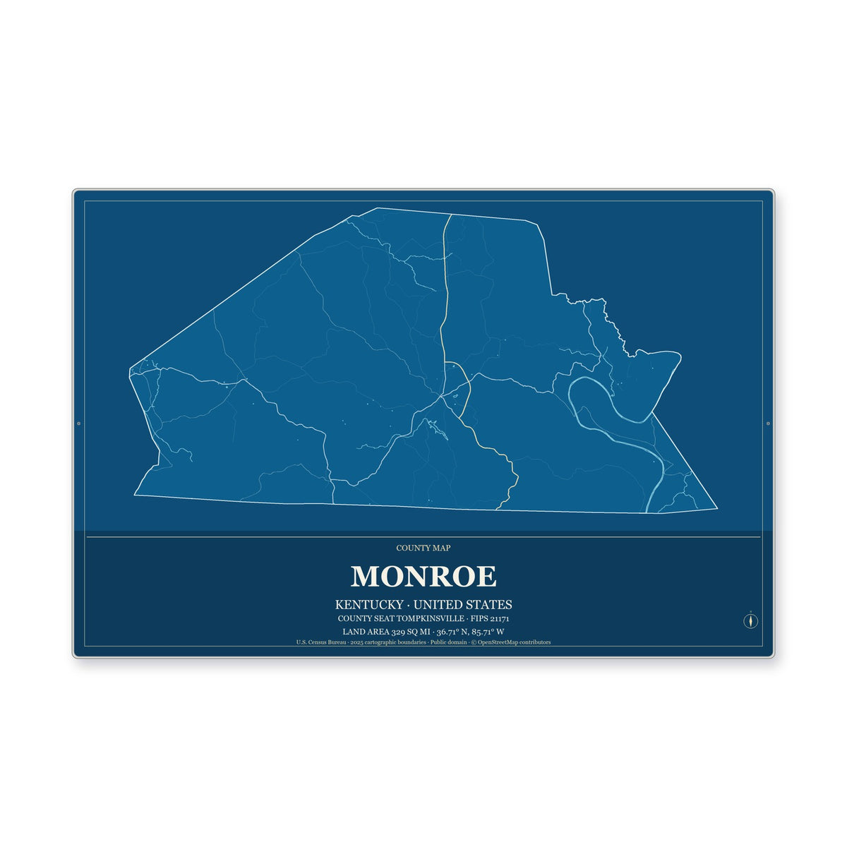 Monroe County, Kentucky Map Aluminum Sign in Harbor Cobalt style