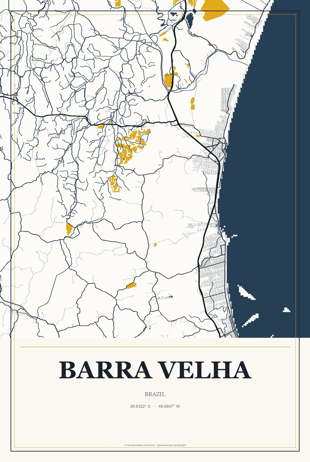 Barra Velha, Brazil City Map Aluminum Sign in Citrine Modern style