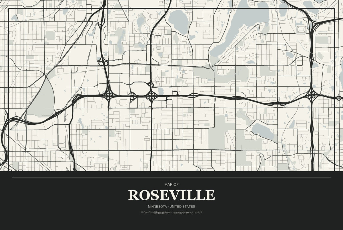 Roseville, Minnesota City Map Aluminum Sign in Museum Plaque style