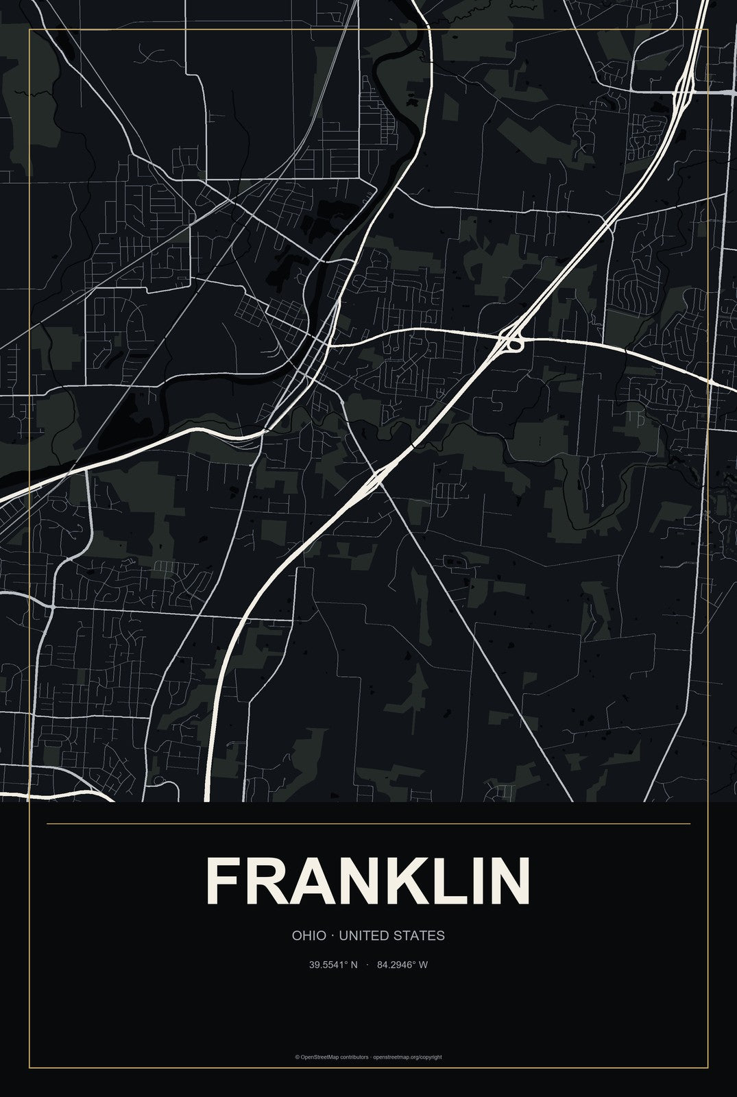 Franklin, Ohio City Map Aluminum Sign in Metropolitan Noir style