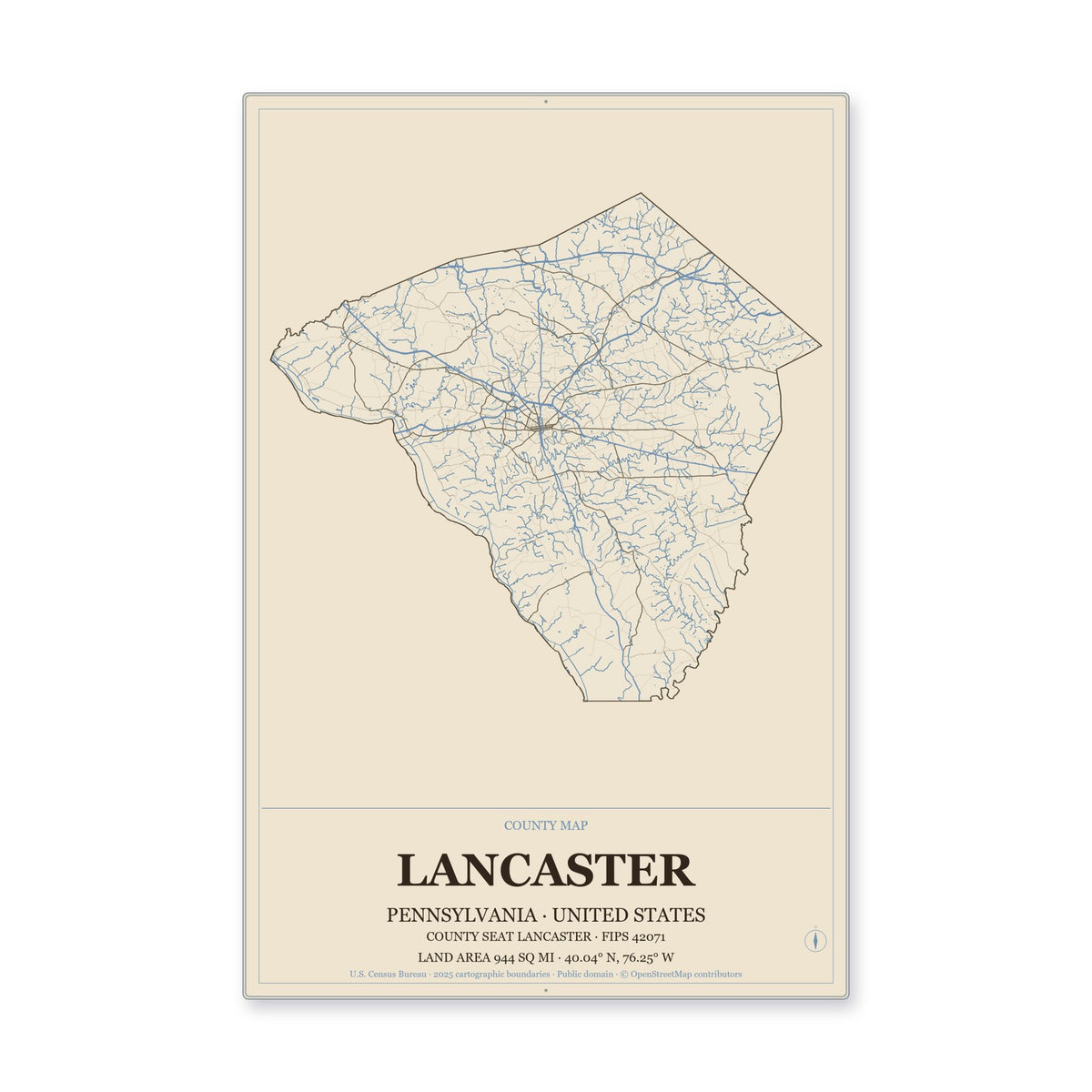 Lancaster County, Pennsylvania Map Aluminum Sign in Heritage Nautical style