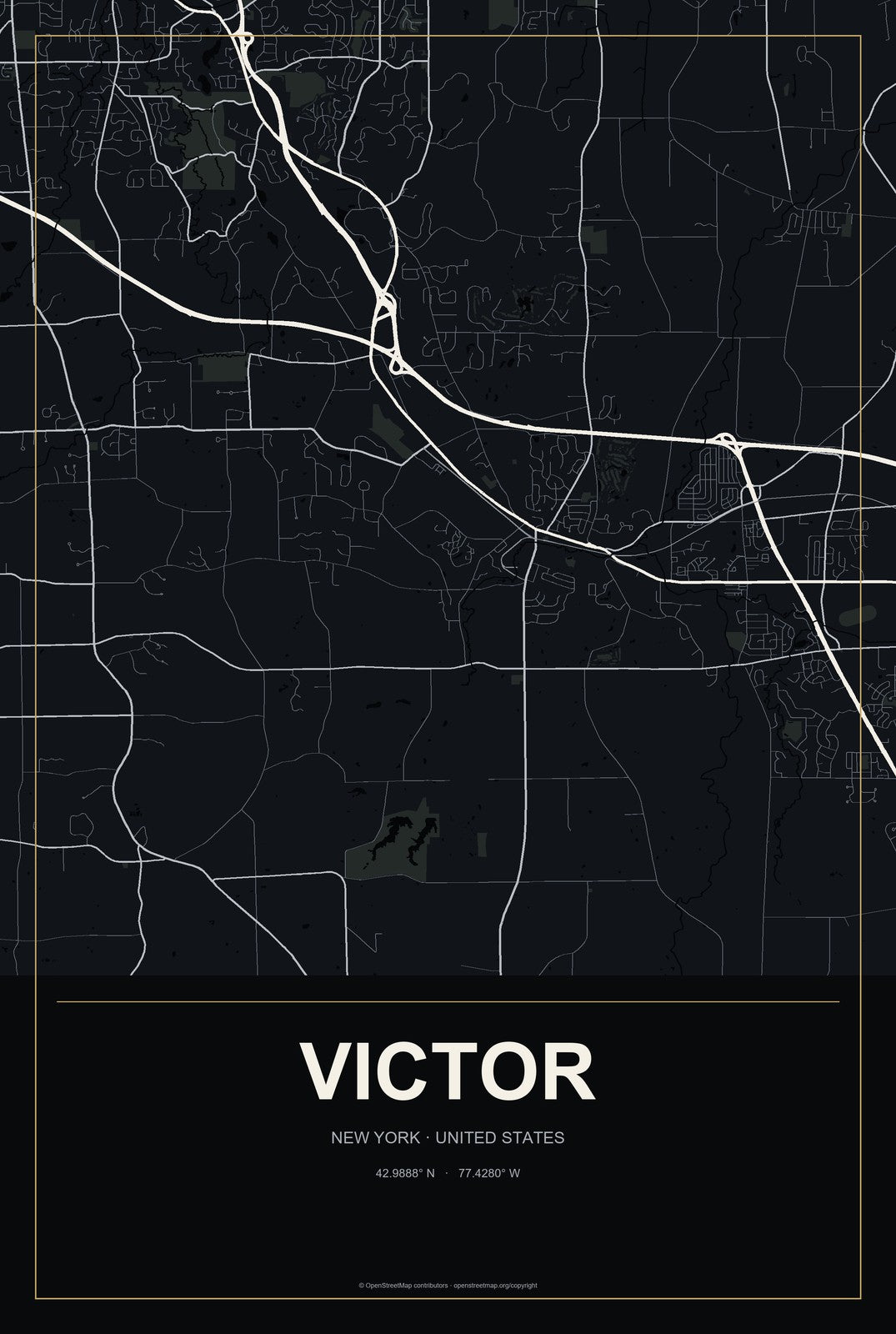 Victor, New York City Map Aluminum Sign in Metropolitan Noir style