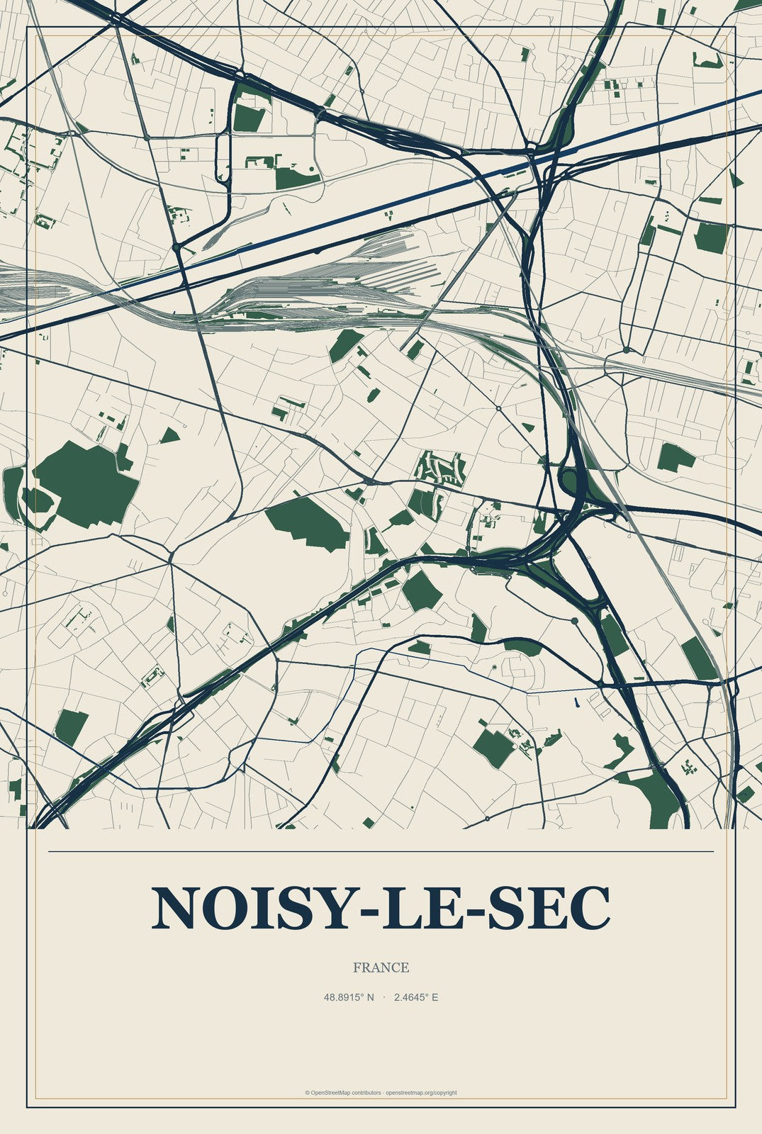 Noisy-le-Sec, France City Map Aluminum Sign in Coastal Cutout style