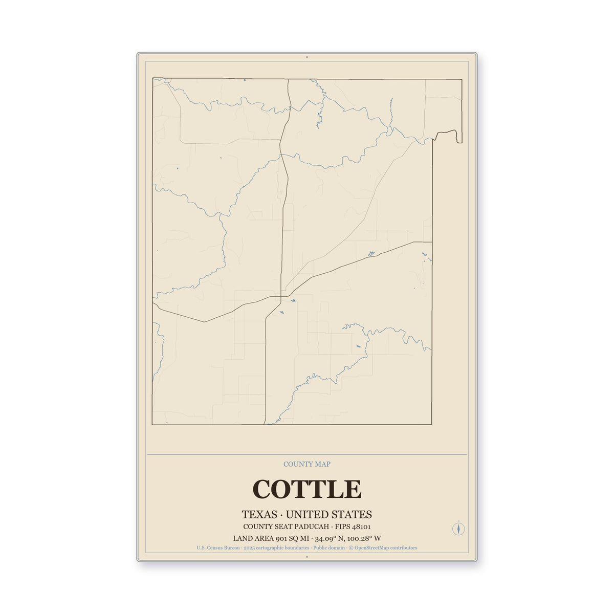 Cottle County, Texas Map Aluminum Sign in Heritage Nautical style