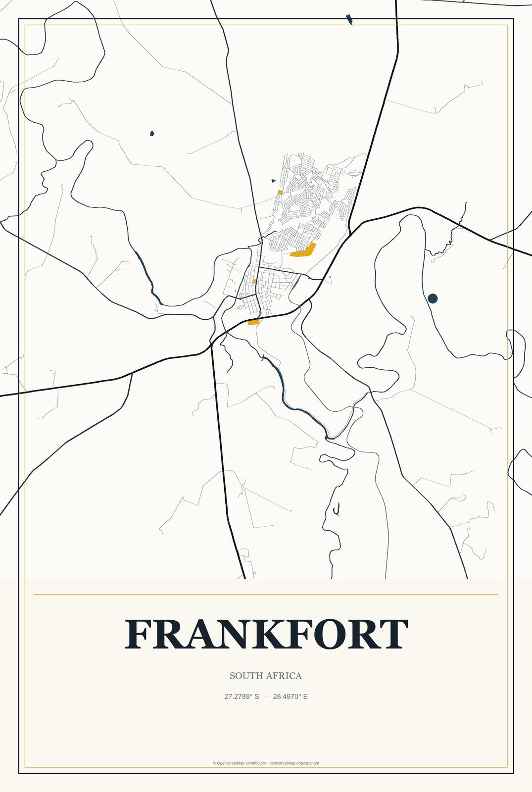 Frankfort, South Africa City Map Aluminum Sign in Citrine Modern style
