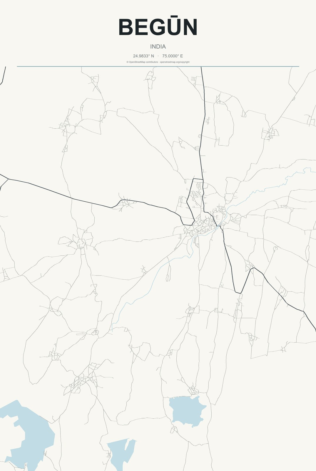 Begūn, India City Map Aluminum Sign in Headline Atlas style