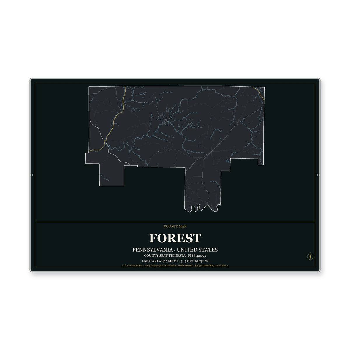 Forest County, Pennsylvania Map Aluminum Sign in Metropolitan Noir style
