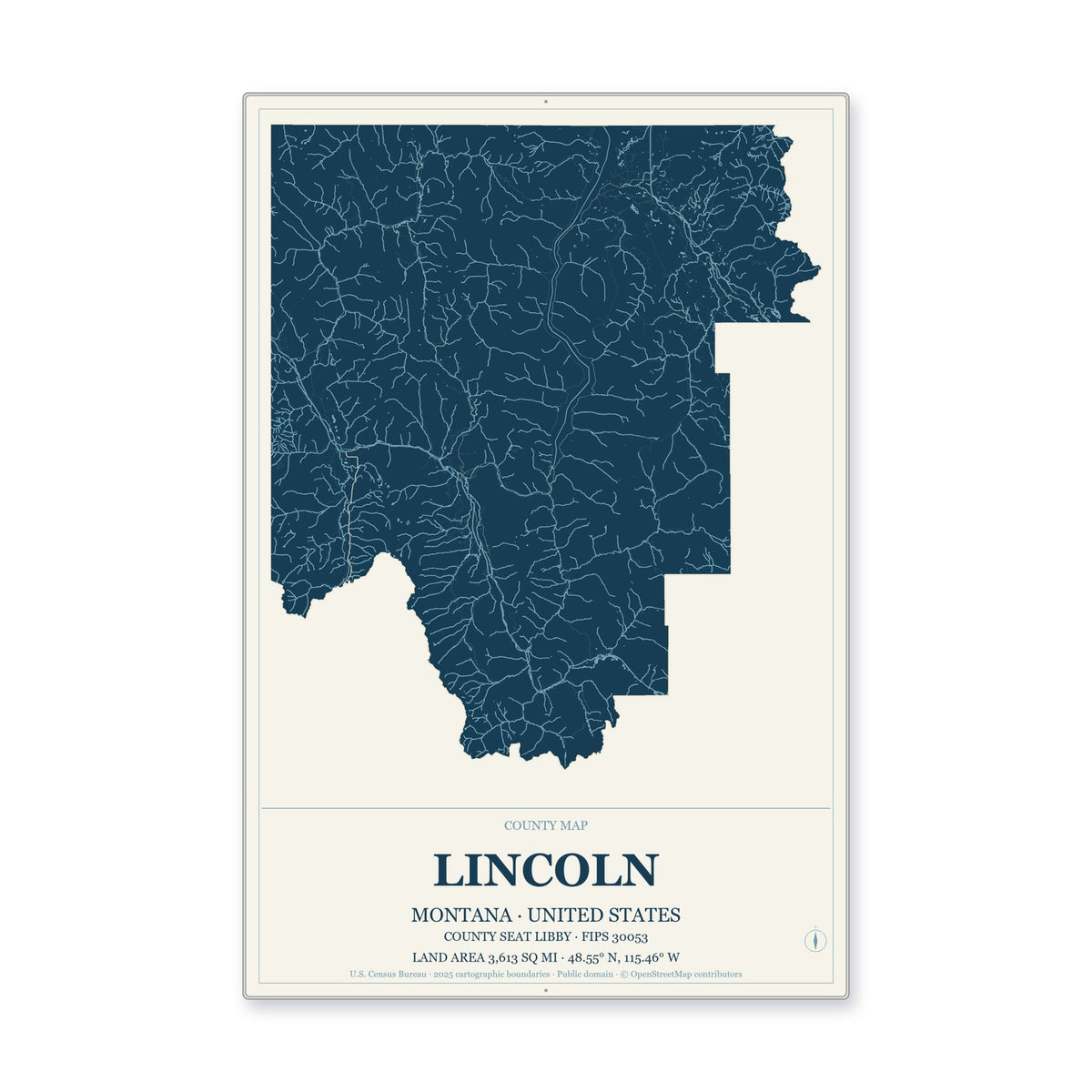 Lincoln County, Montana Map Aluminum Sign in Coastal Cutout style