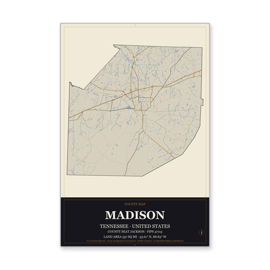 Madison County, Tennessee Map Aluminum Sign in Museum Plaque style