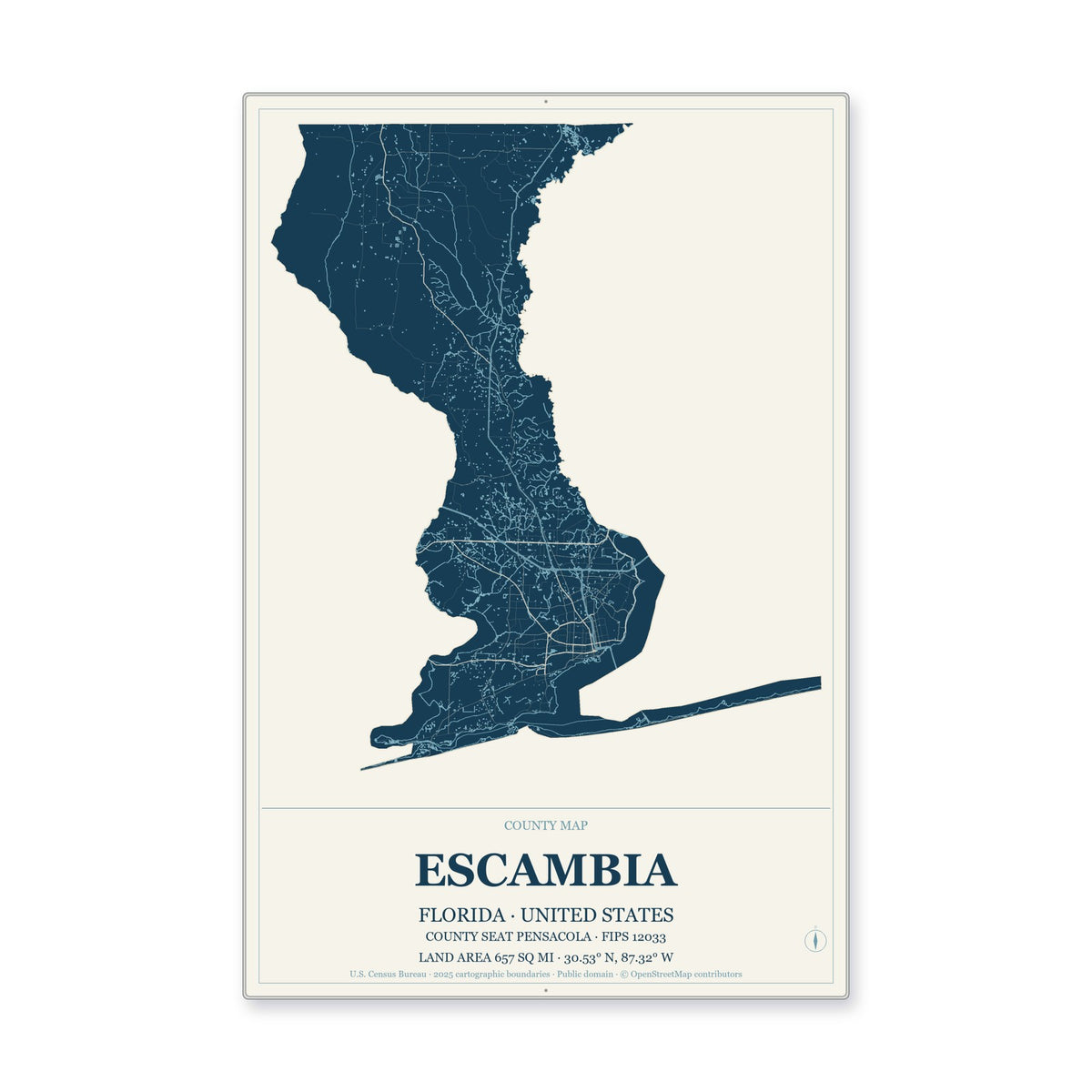 Escambia County, Florida Map Aluminum Sign in Coastal Cutout style