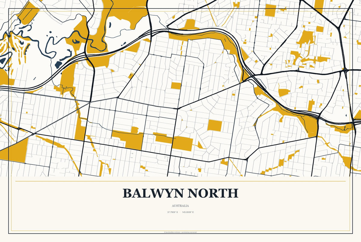 Balwyn North, Australia City Map Aluminum Sign in Citrine Modern style