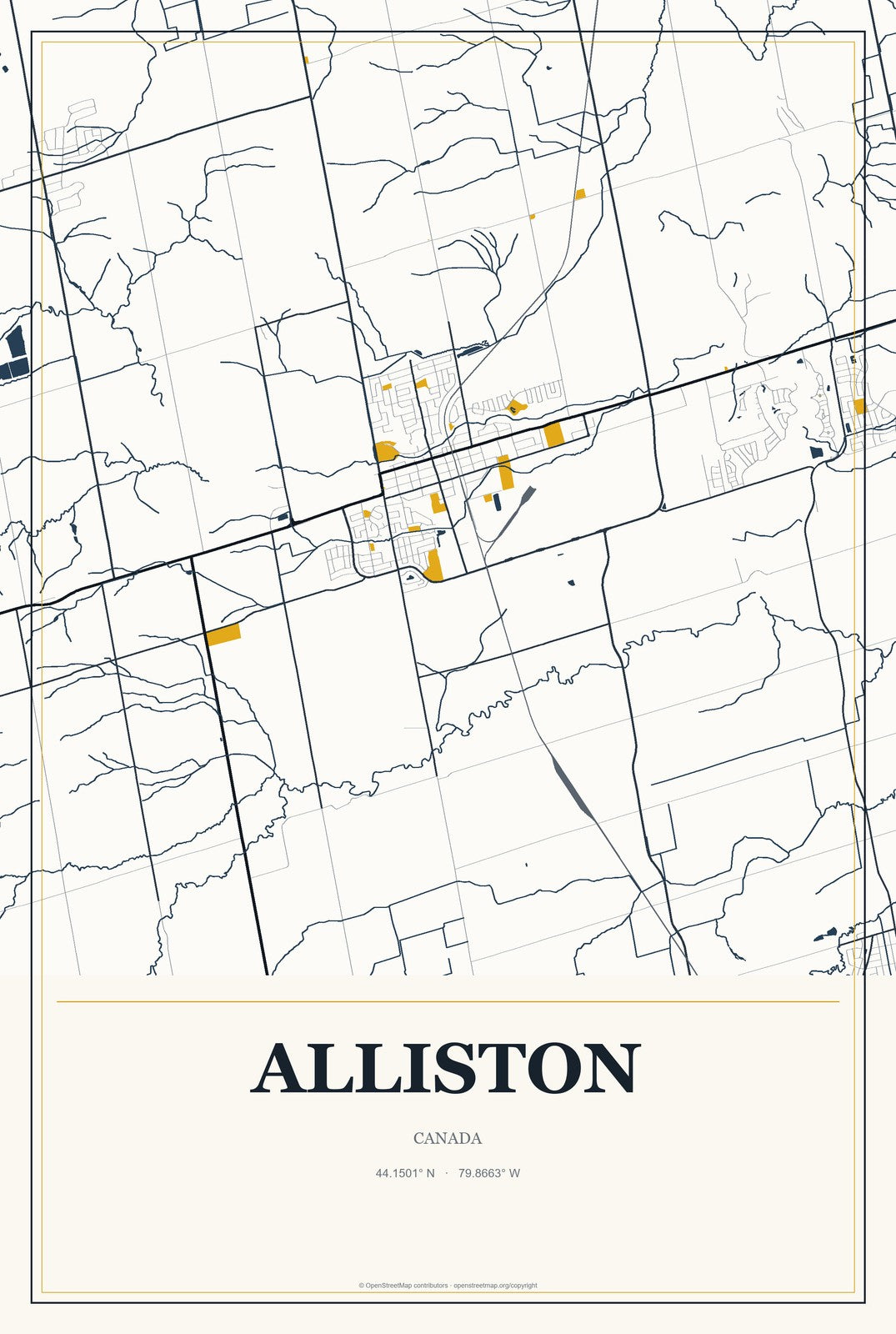 Alliston, Canada City Map Aluminum Sign in Citrine Modern style