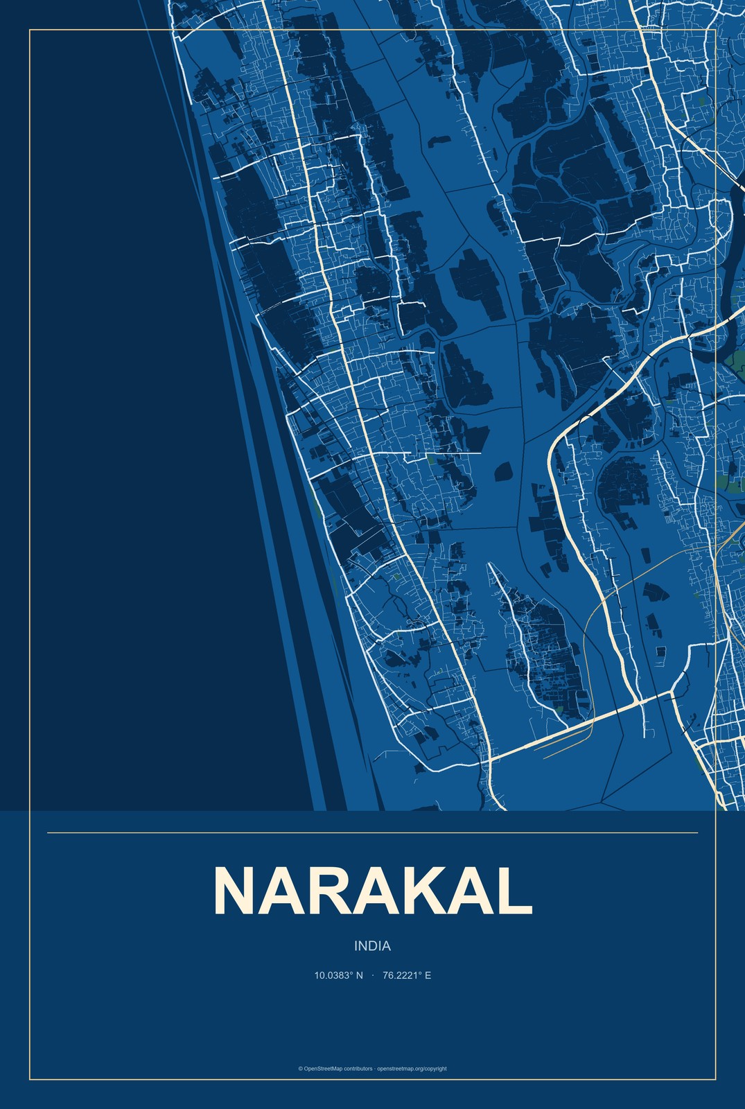 Narakal, India City Map Aluminum Sign in Harbor Cobalt style