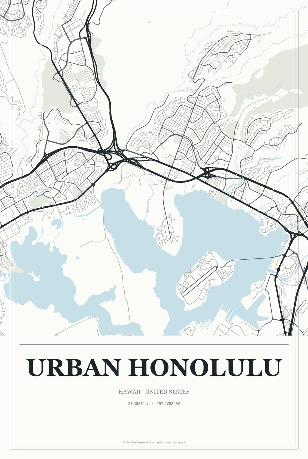 Urban Honolulu, Hawaii City Map Aluminum Sign in Gallery Air style
