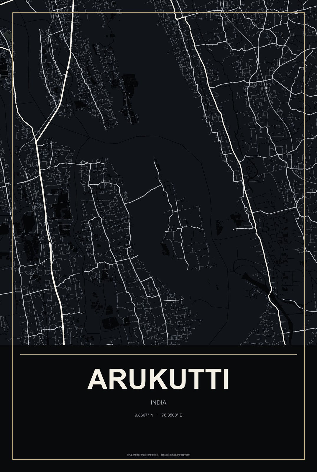 Arukutti, India City Map Aluminum Sign in Metropolitan Noir style