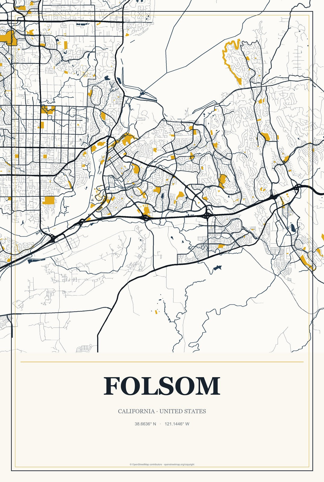 Folsom, California City Map Aluminum Sign in Citrine Modern style