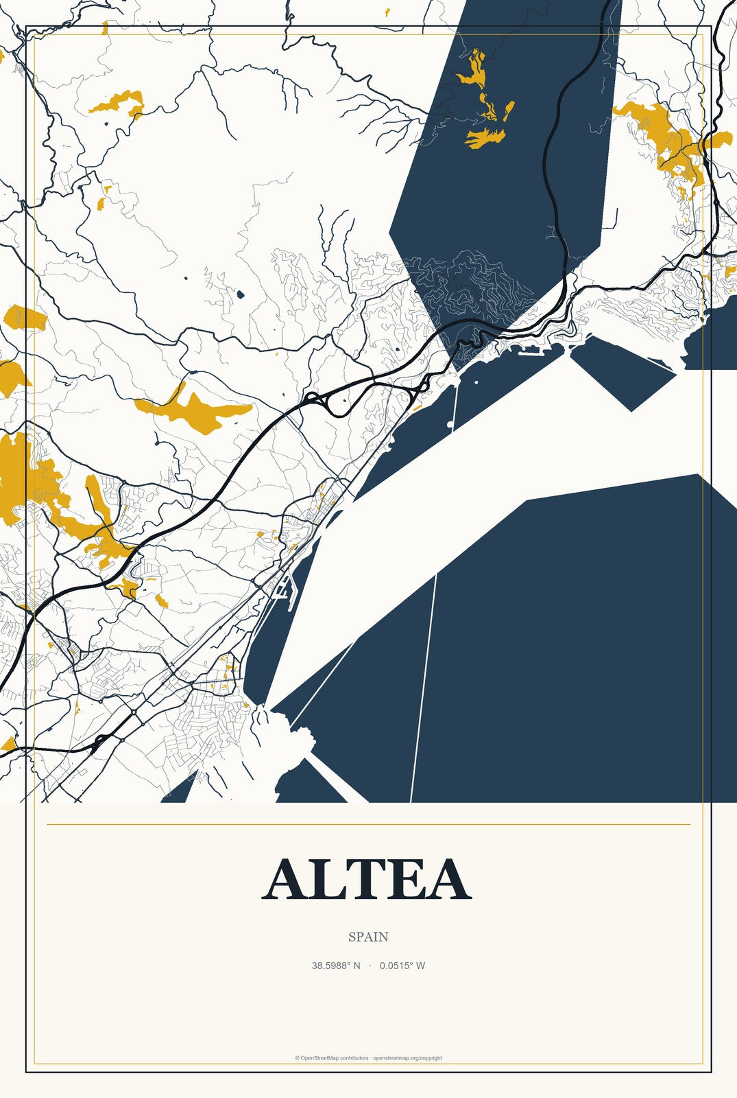 Altea, Spain City Map Aluminum Sign in Citrine Modern style