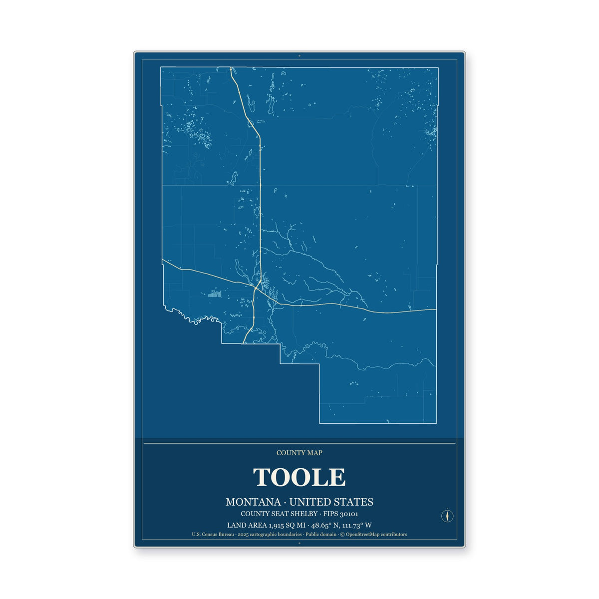 Toole County, Montana Map Aluminum Sign in Harbor Cobalt style