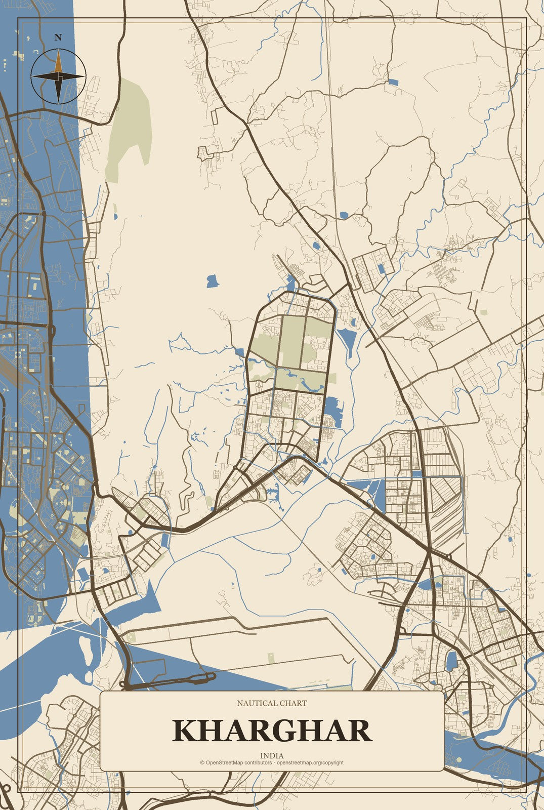 Kharghar, India City Map Aluminum Sign in Heritage Nautical style