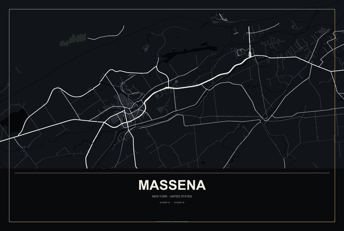Massena, New York City Map Aluminum Sign in Metropolitan Noir style