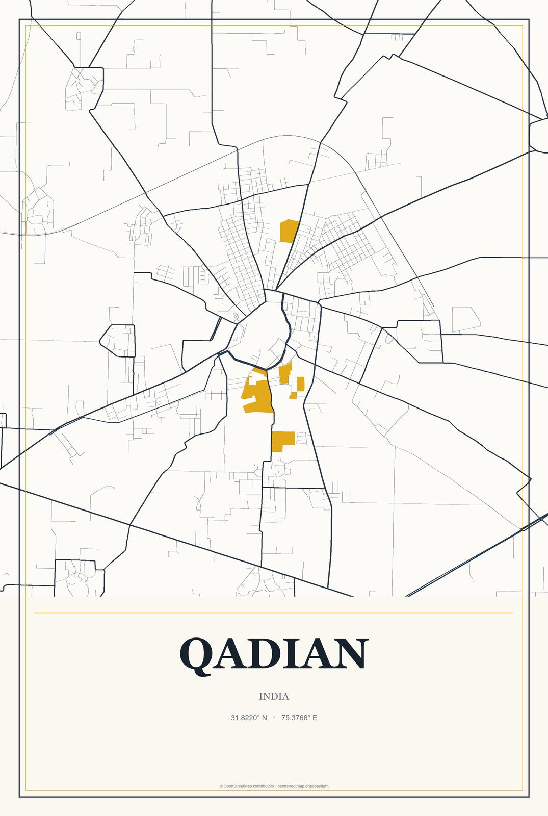 Qadian, India City Map Aluminum Sign in Citrine Modern style