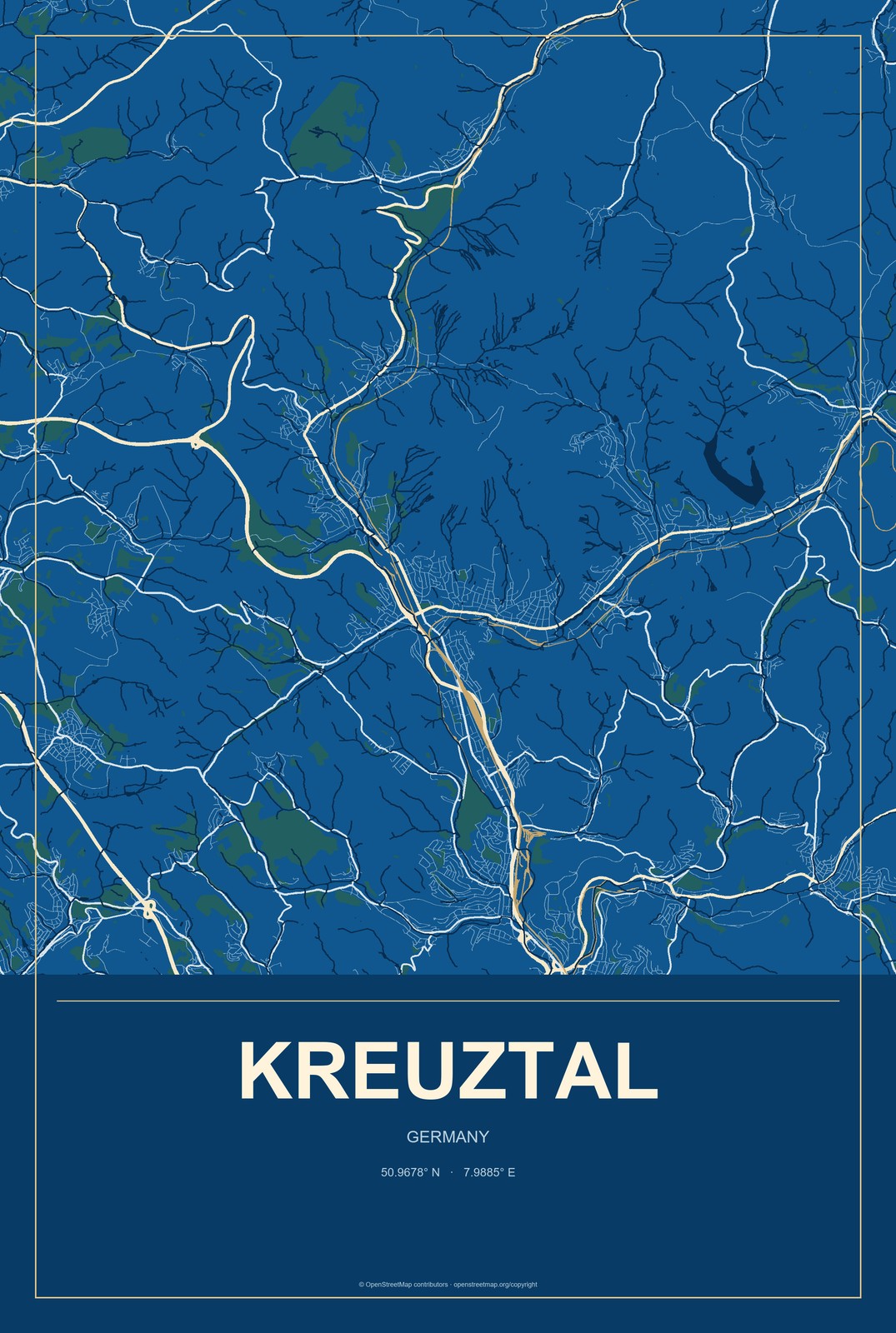 Kreuztal, Germany City Map Aluminum Sign in Harbor Cobalt style
