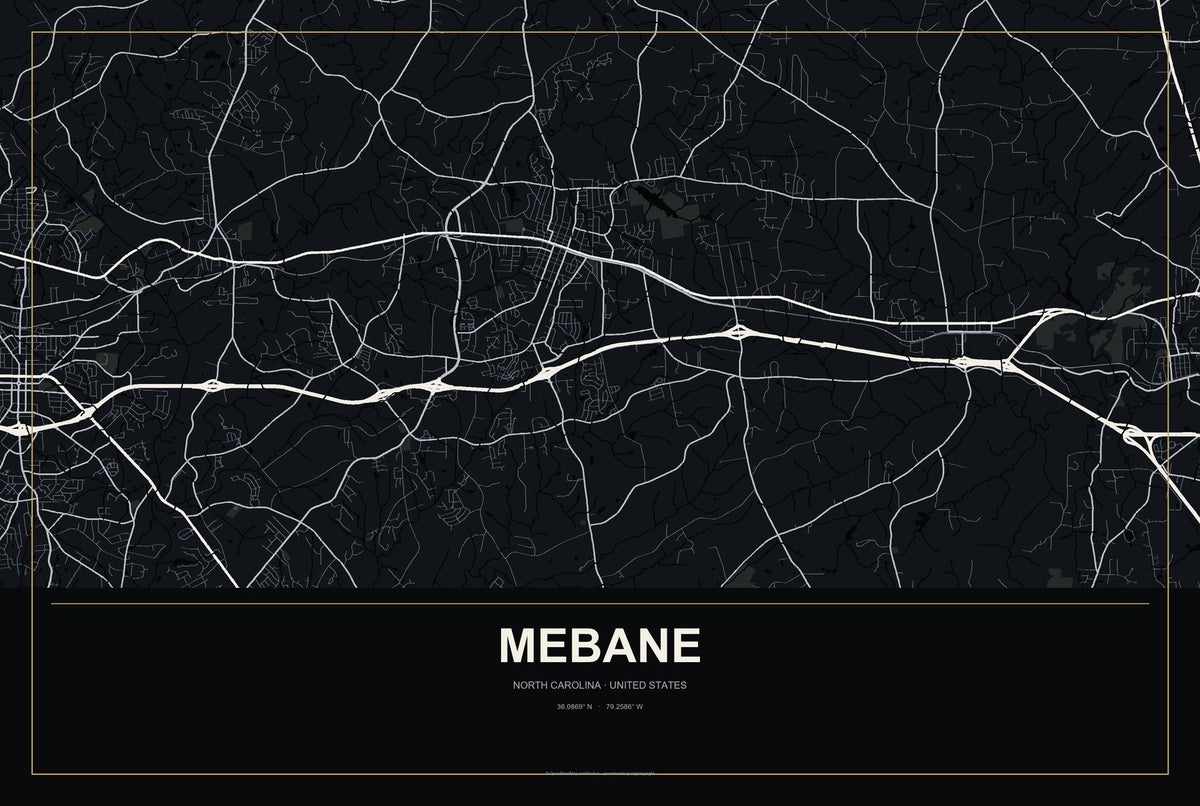 Mebane, North Carolina City Map Aluminum Sign in Metropolitan Noir style