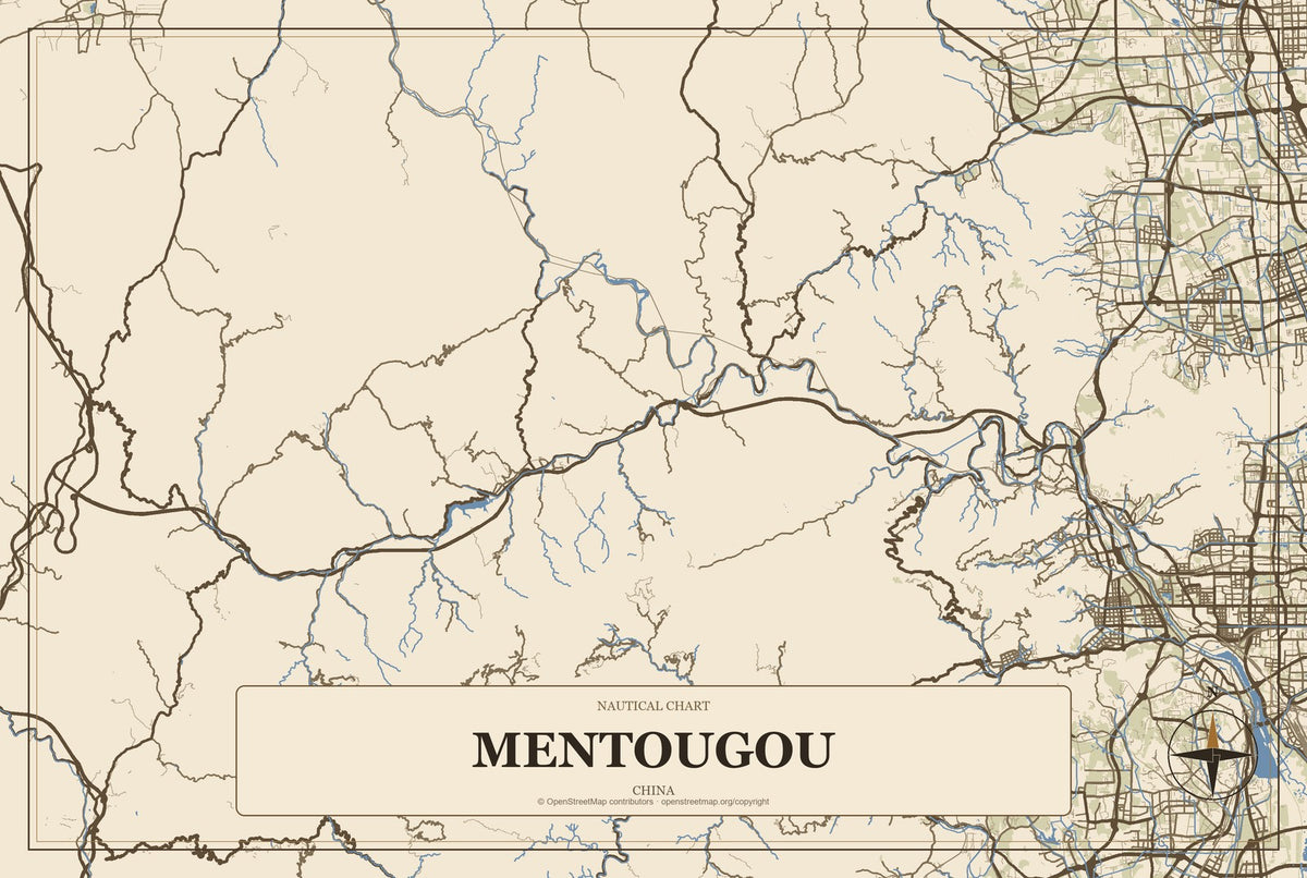 Mentougou, China City Map Aluminum Sign in Heritage Nautical style