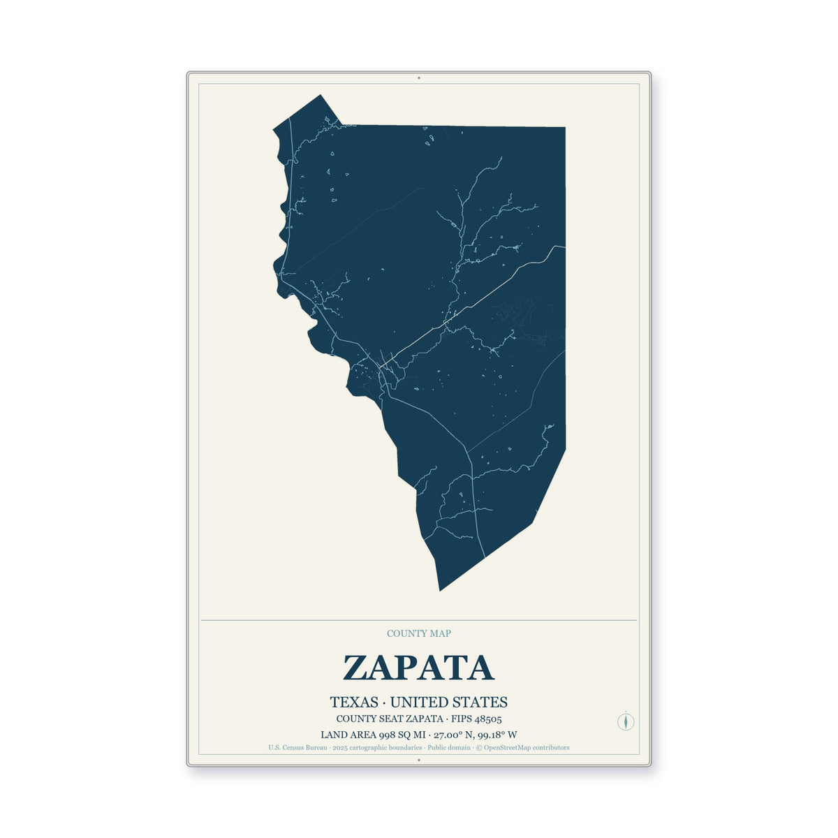 Zapata County, Texas Map Aluminum Sign in Coastal Cutout style