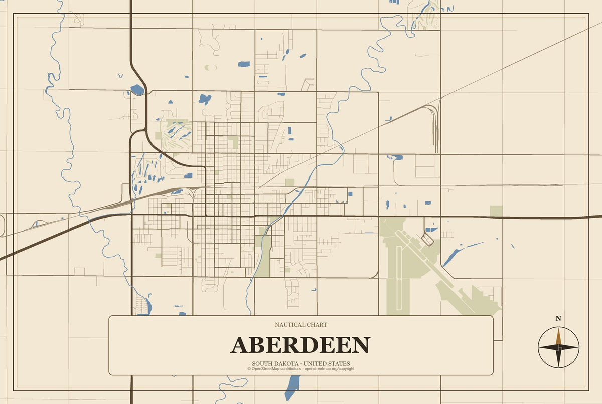 Aberdeen, South Dakota City Map Aluminum Sign in Heritage Nautical style