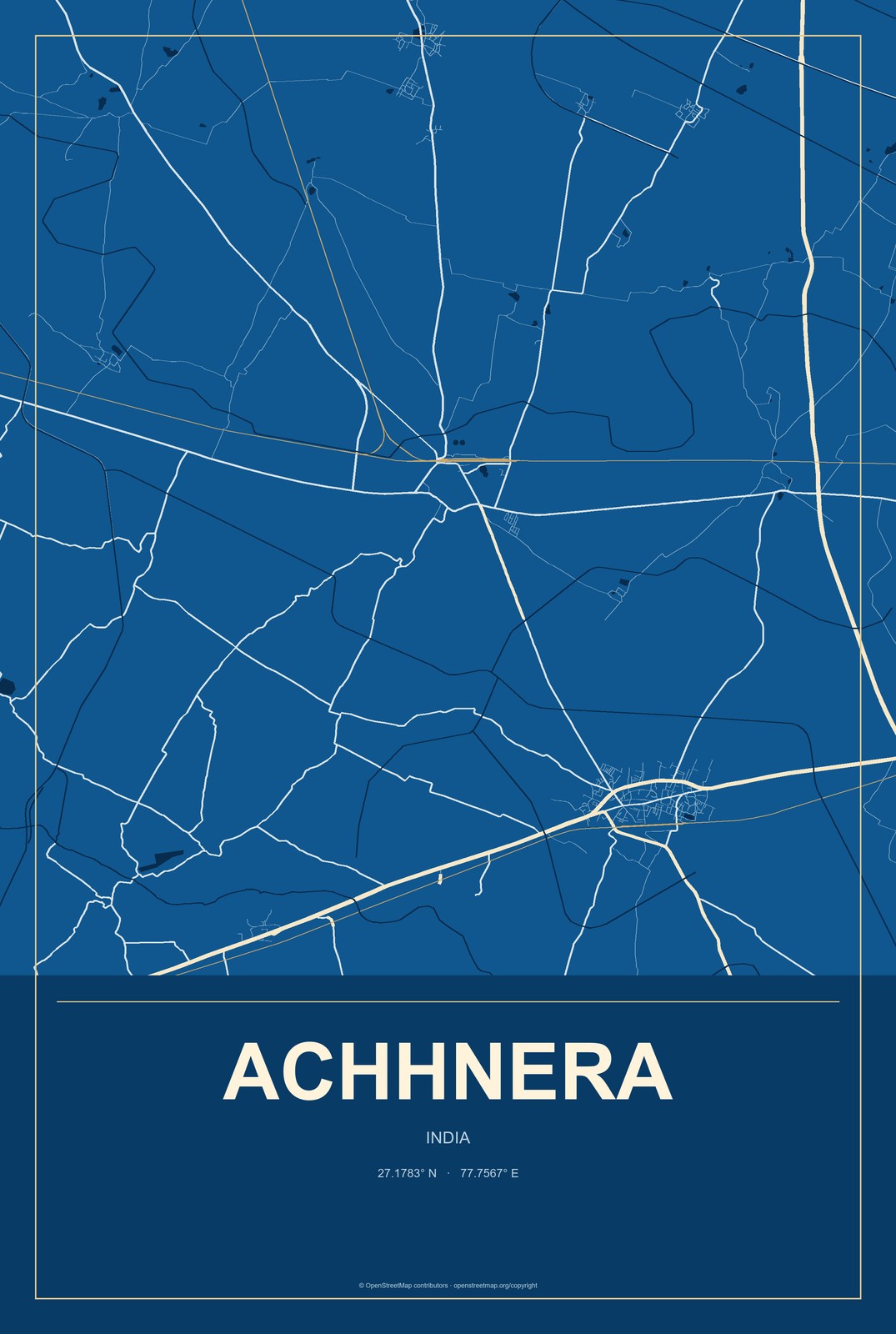 Achhnera, India City Map Aluminum Sign in Harbor Cobalt style