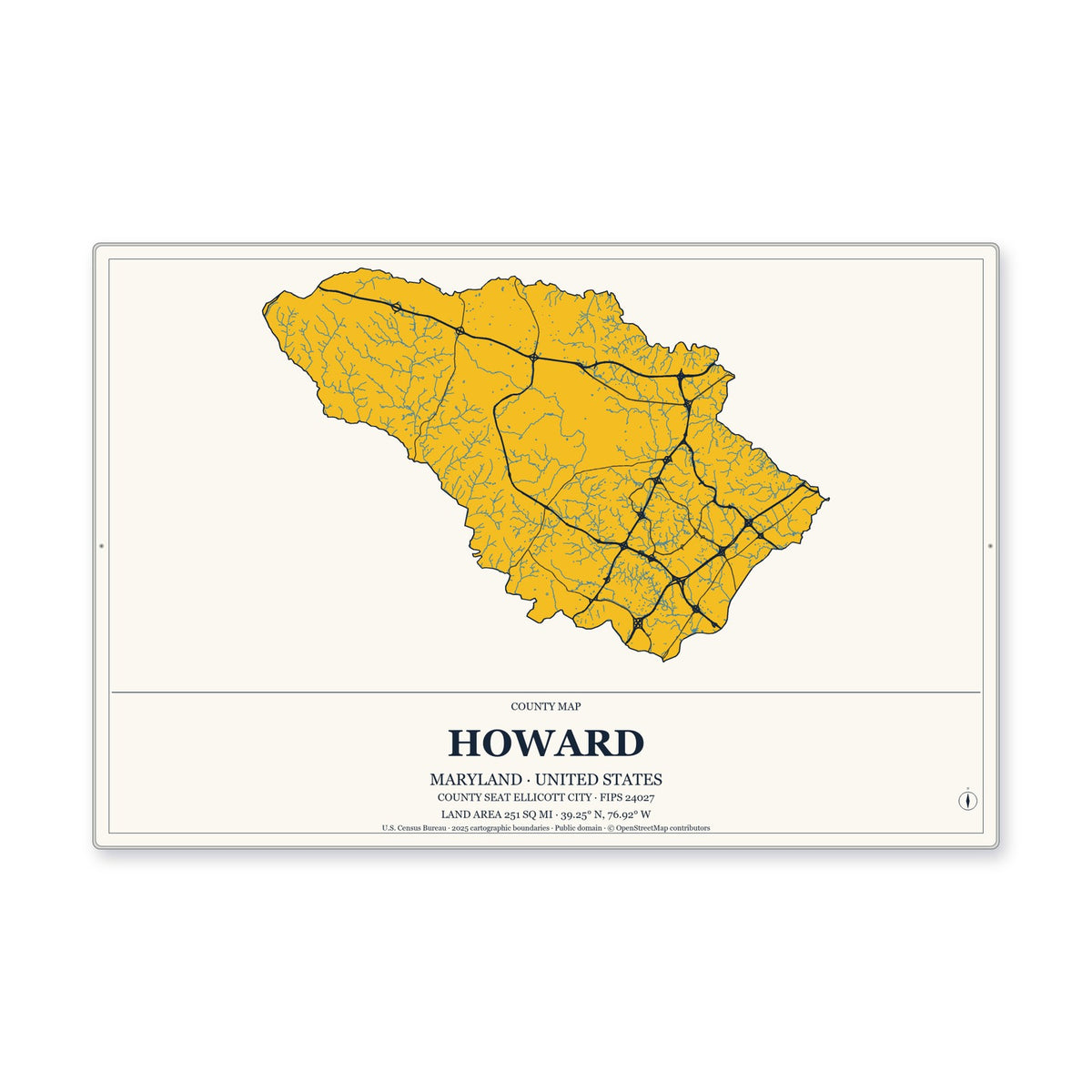 Howard County, Maryland Map Aluminum Sign in Citrine Modern style