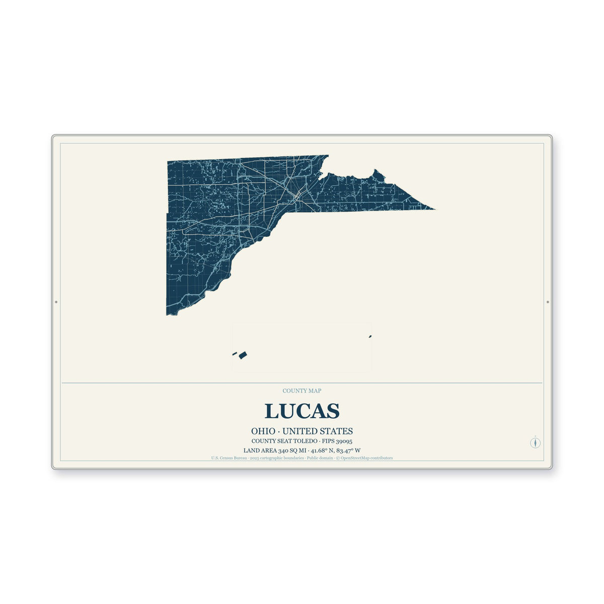 Lucas County, Ohio Map Aluminum Sign in Coastal Cutout style