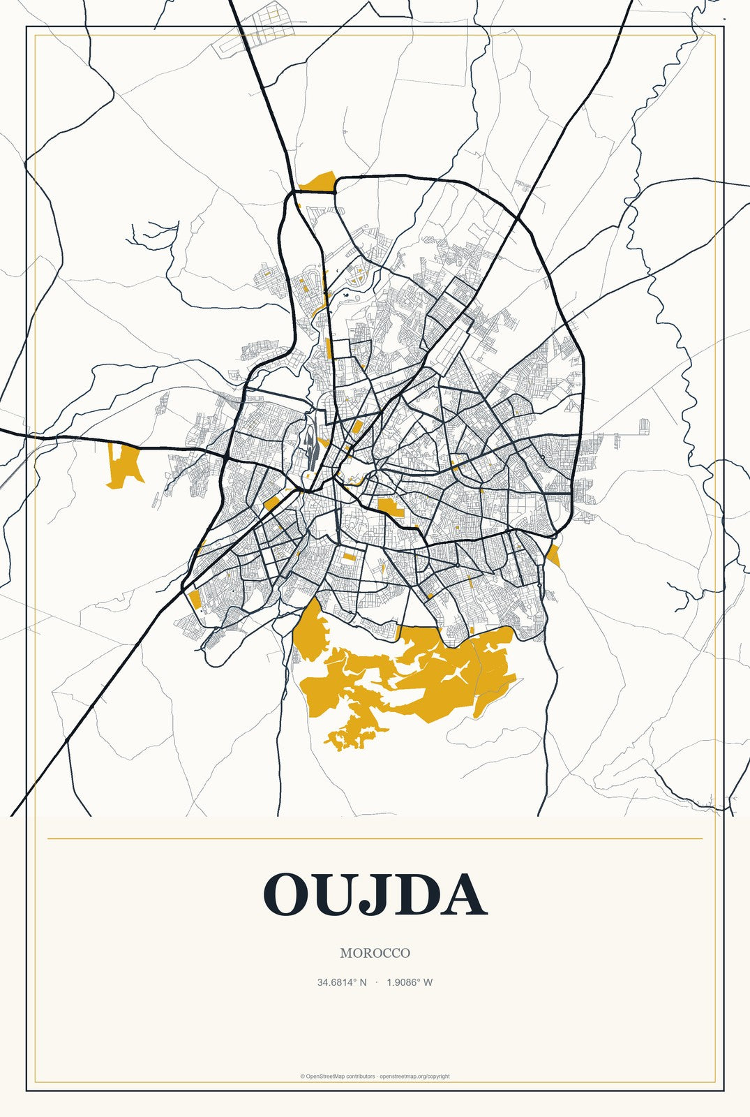 Oujda, Morocco City Map Aluminum Sign in Citrine Modern style