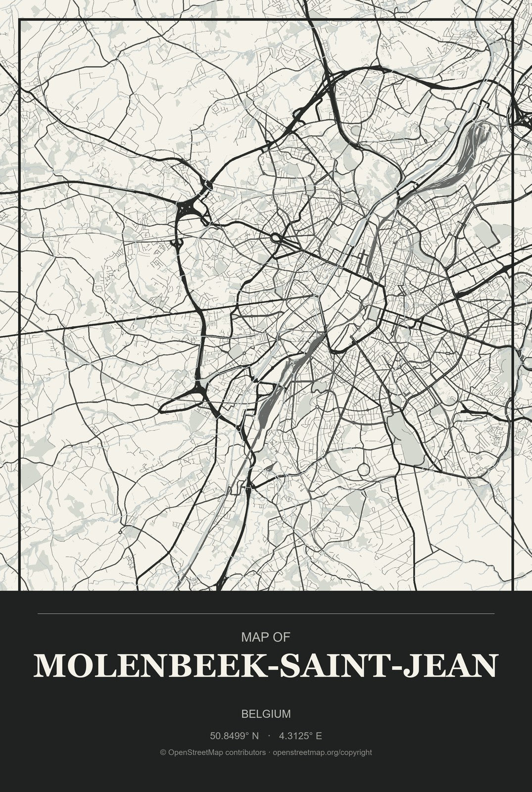 Molenbeek-Saint-Jean, Belgium City Map Aluminum Sign in Museum Plaque style
