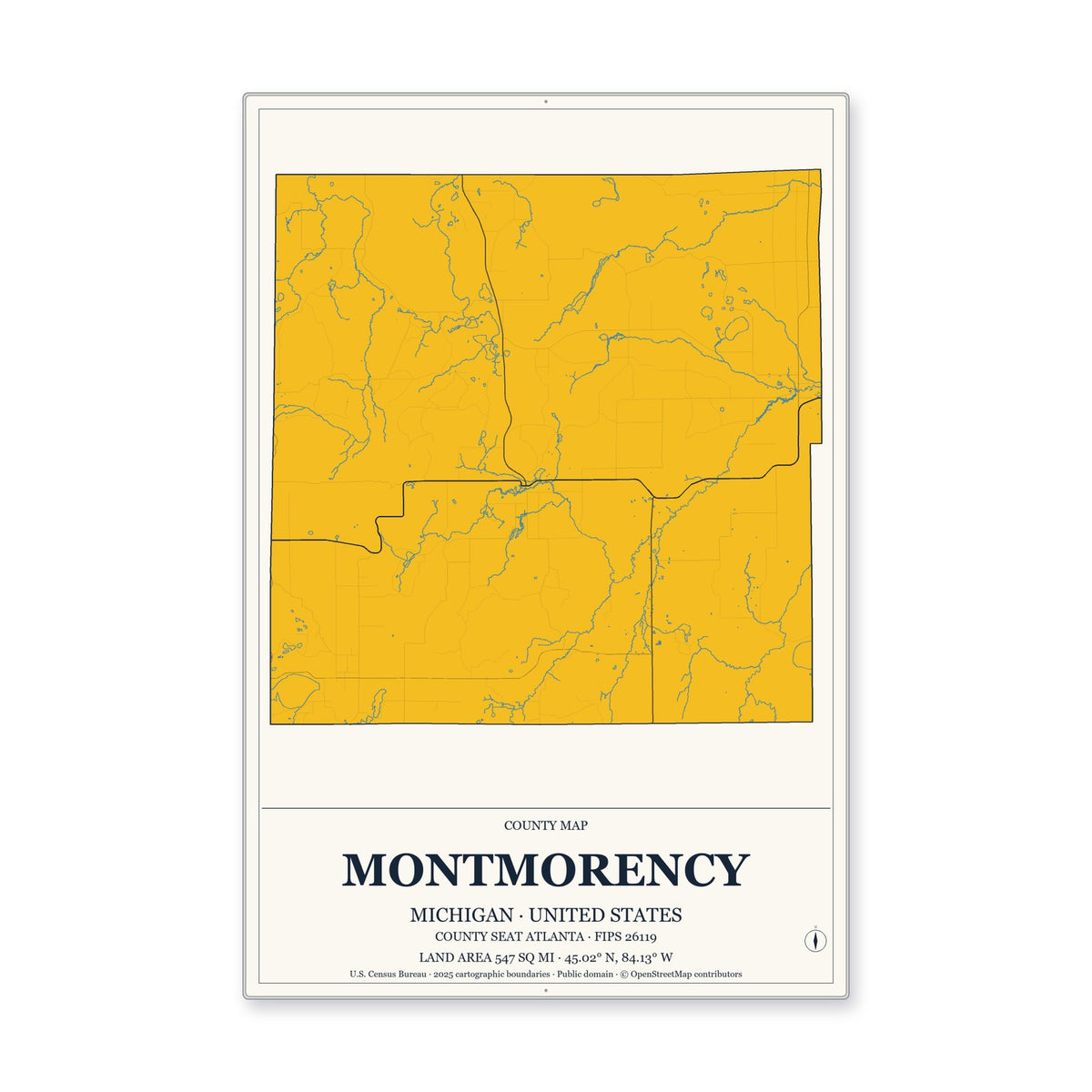 Montmorency County, Michigan Map Aluminum Sign in Citrine Modern style