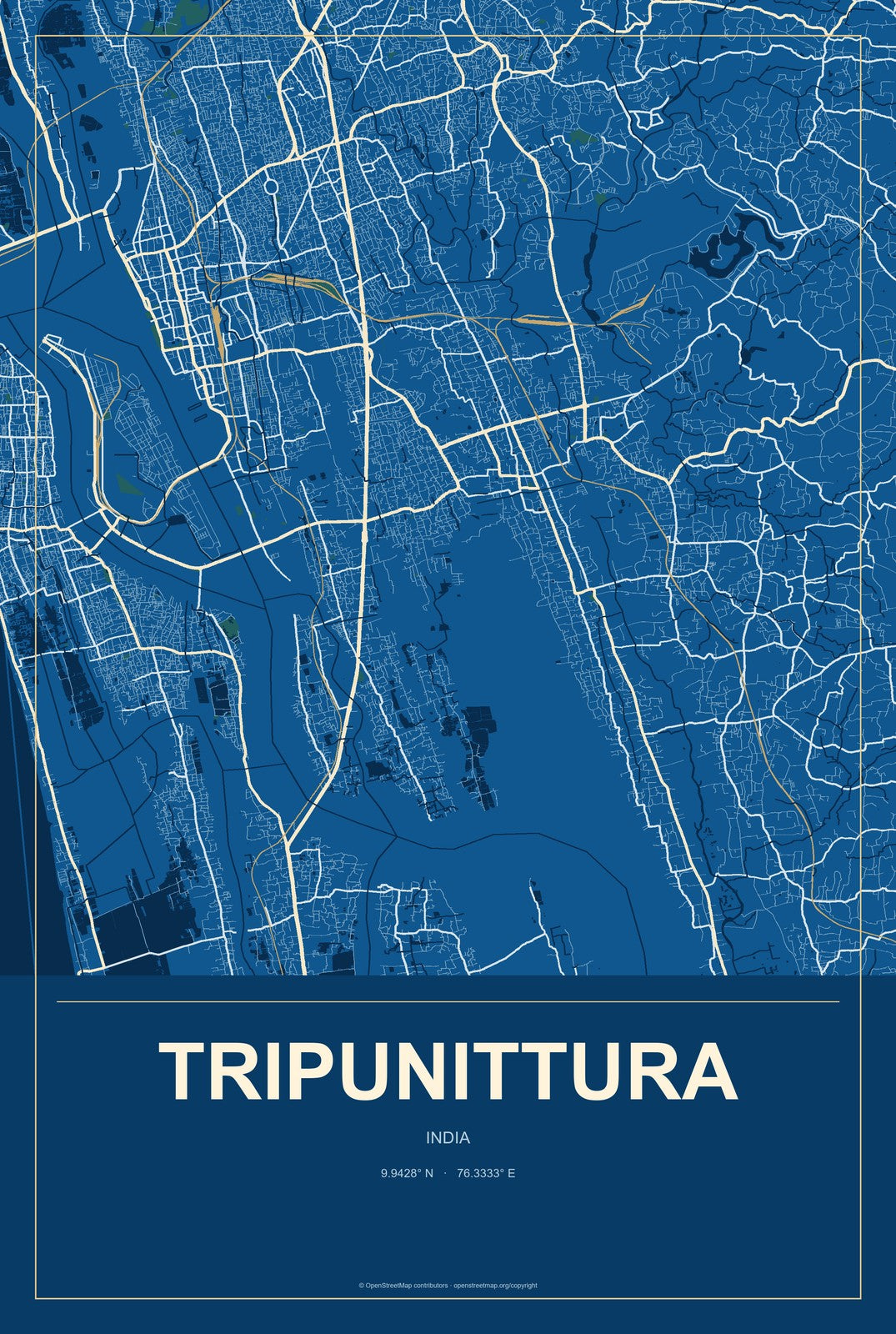 Tripunittura, India City Map Aluminum Sign in Harbor Cobalt style