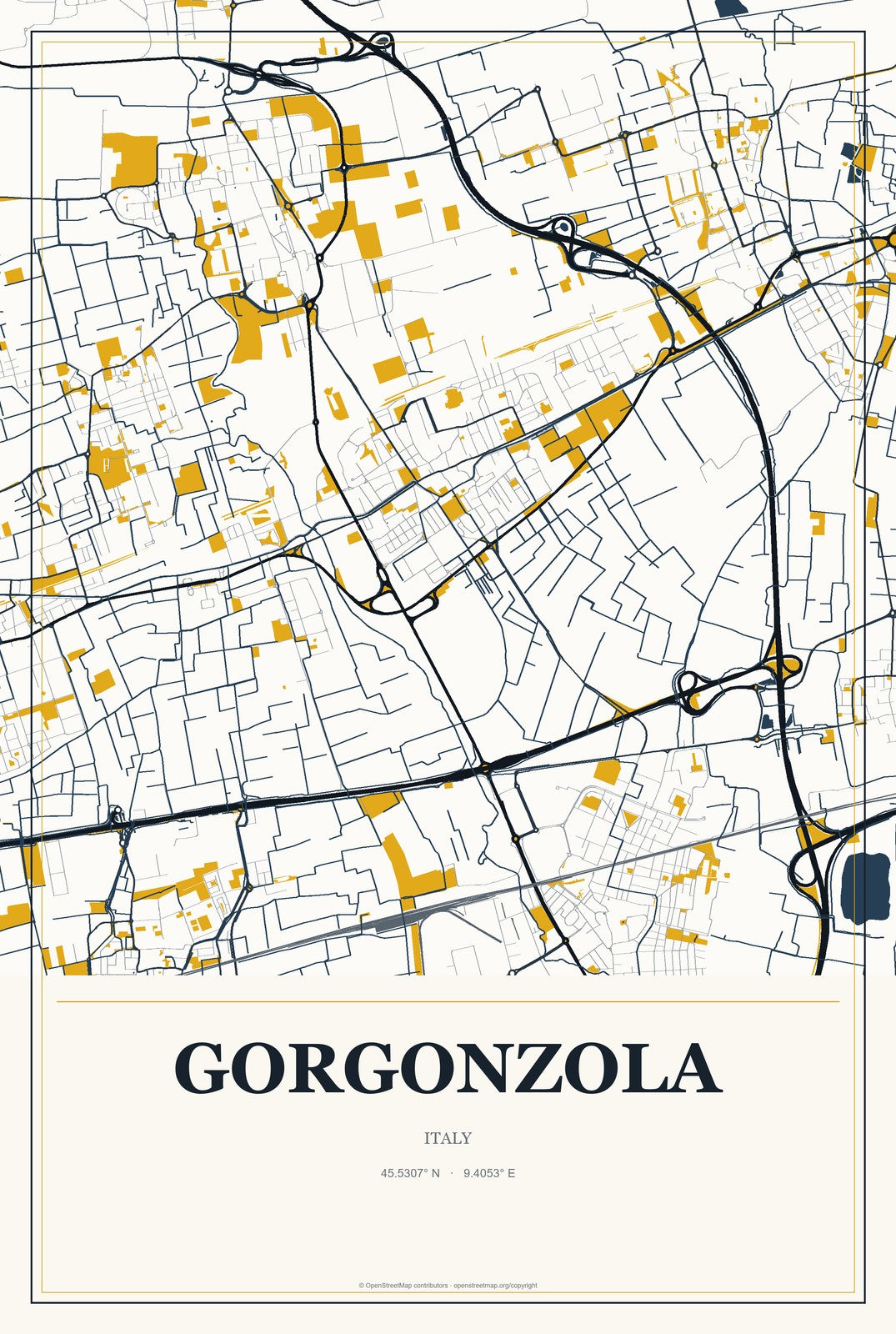 Gorgonzola, Italy City Map Aluminum Sign in Citrine Modern style