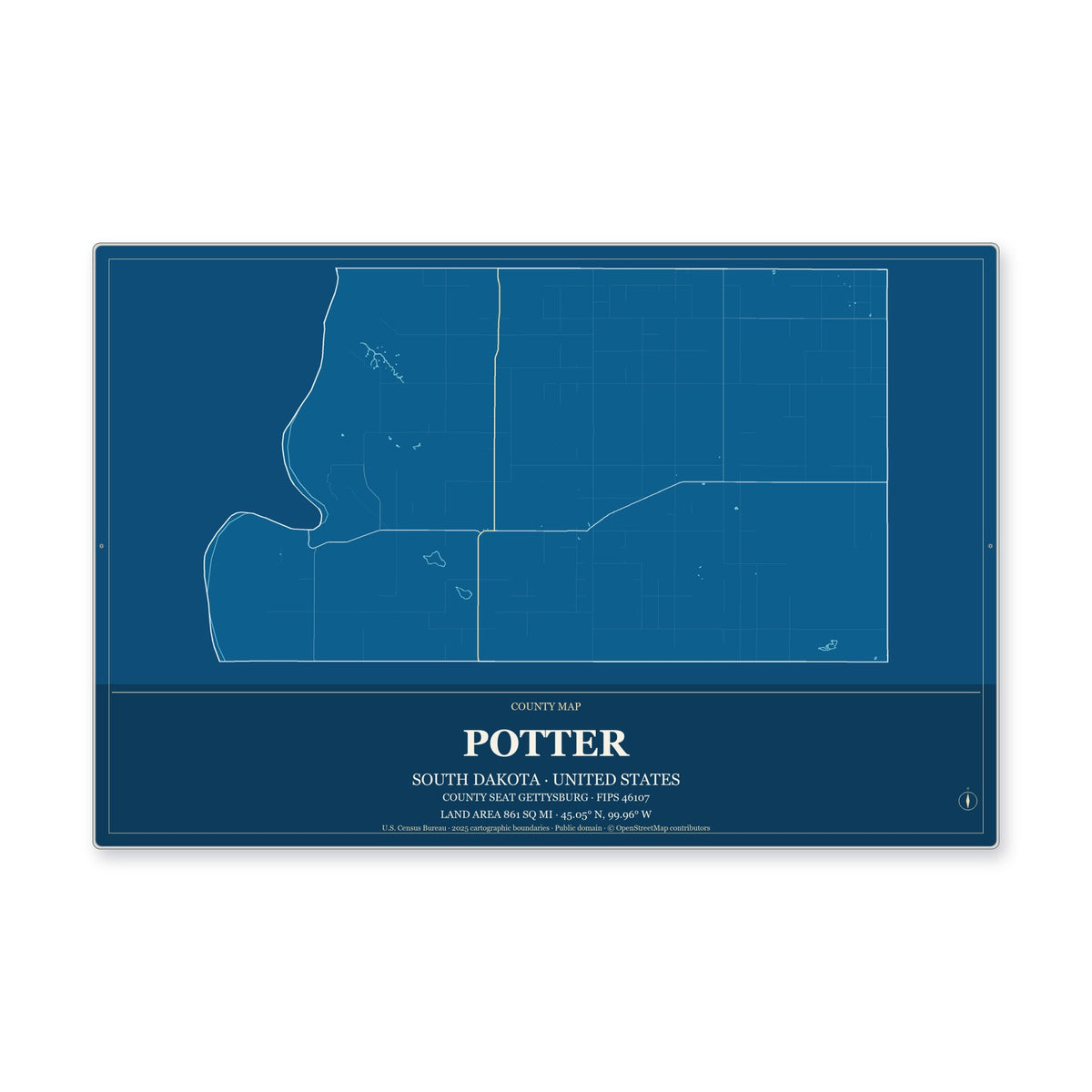 Potter County, South Dakota Map Aluminum Sign in Harbor Cobalt style