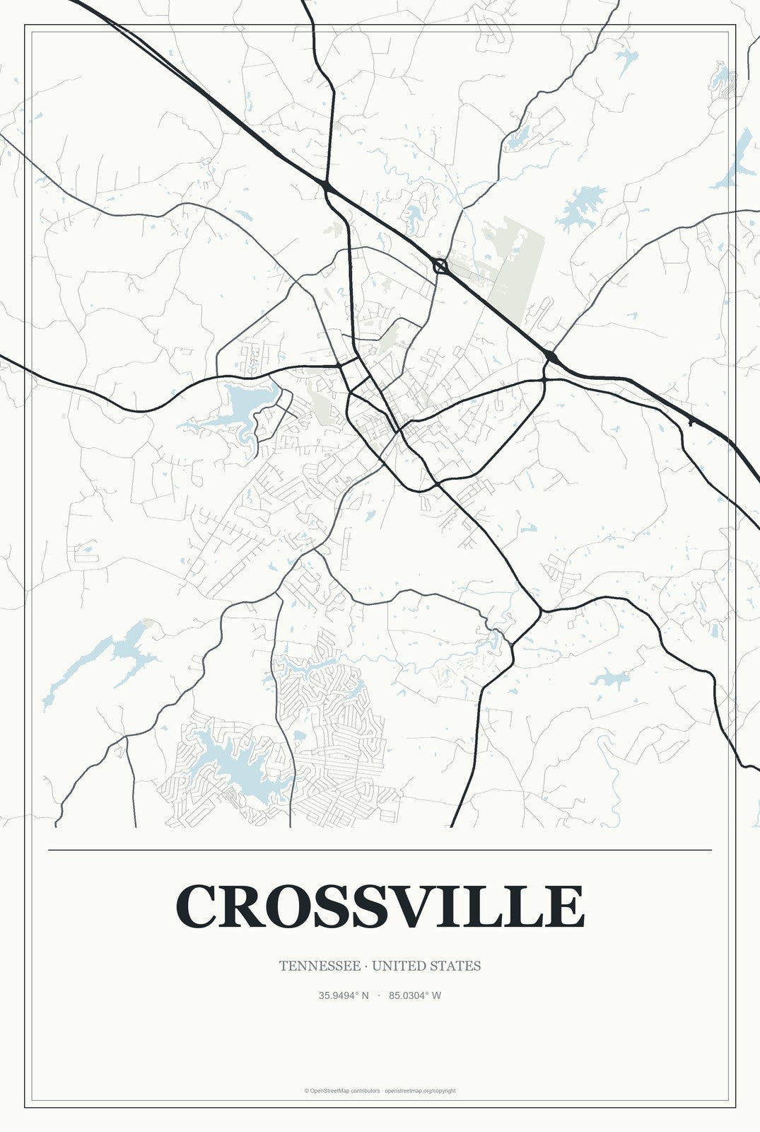 Crossville, Tennessee City Map Aluminum Sign in Gallery Air style