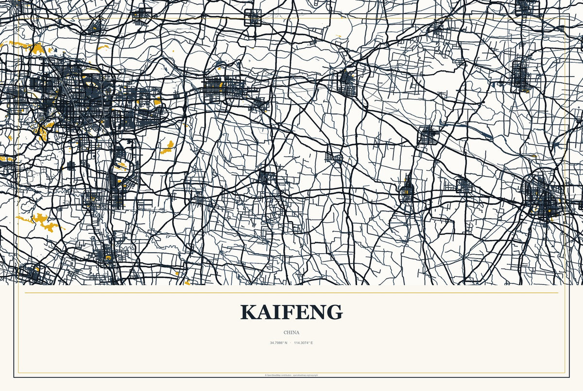 Kaifeng, China City Map Aluminum Sign in Citrine Modern style