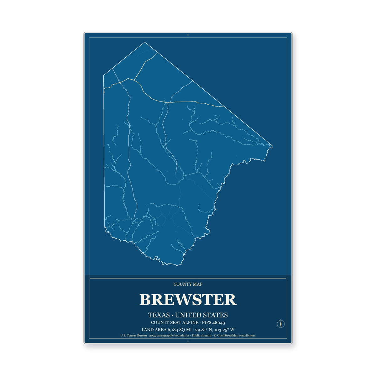 Brewster County, Texas Map Aluminum Sign in Harbor Cobalt style