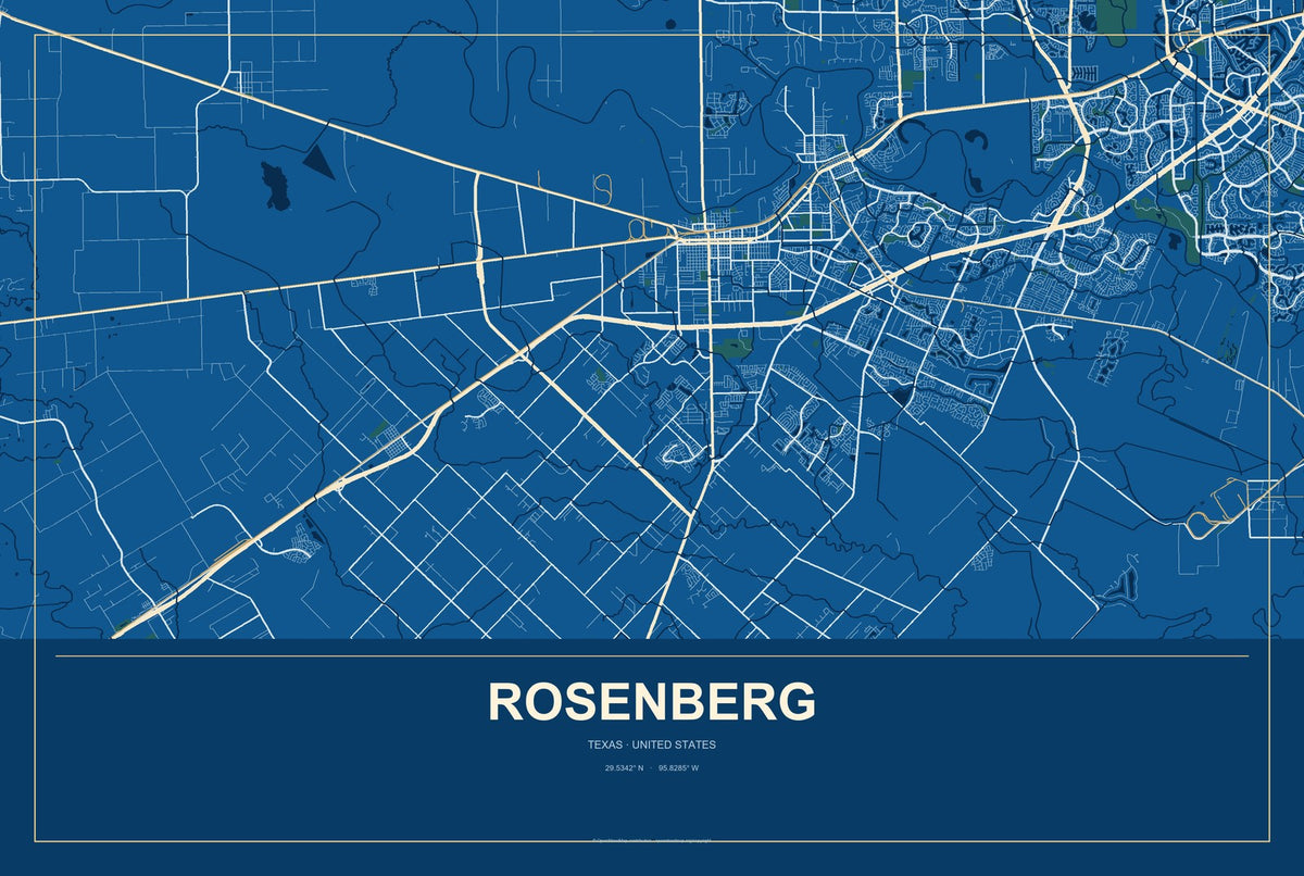 Rosenberg, Texas City Map Aluminum Sign in Harbor Cobalt style