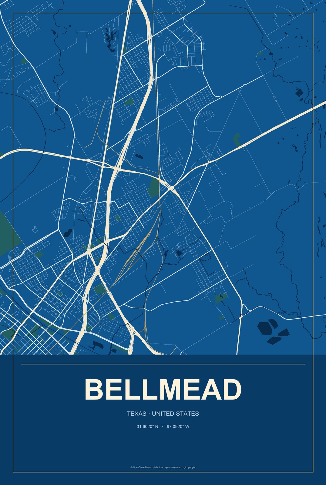 Bellmead, Texas City Map Aluminum Sign in Harbor Cobalt style