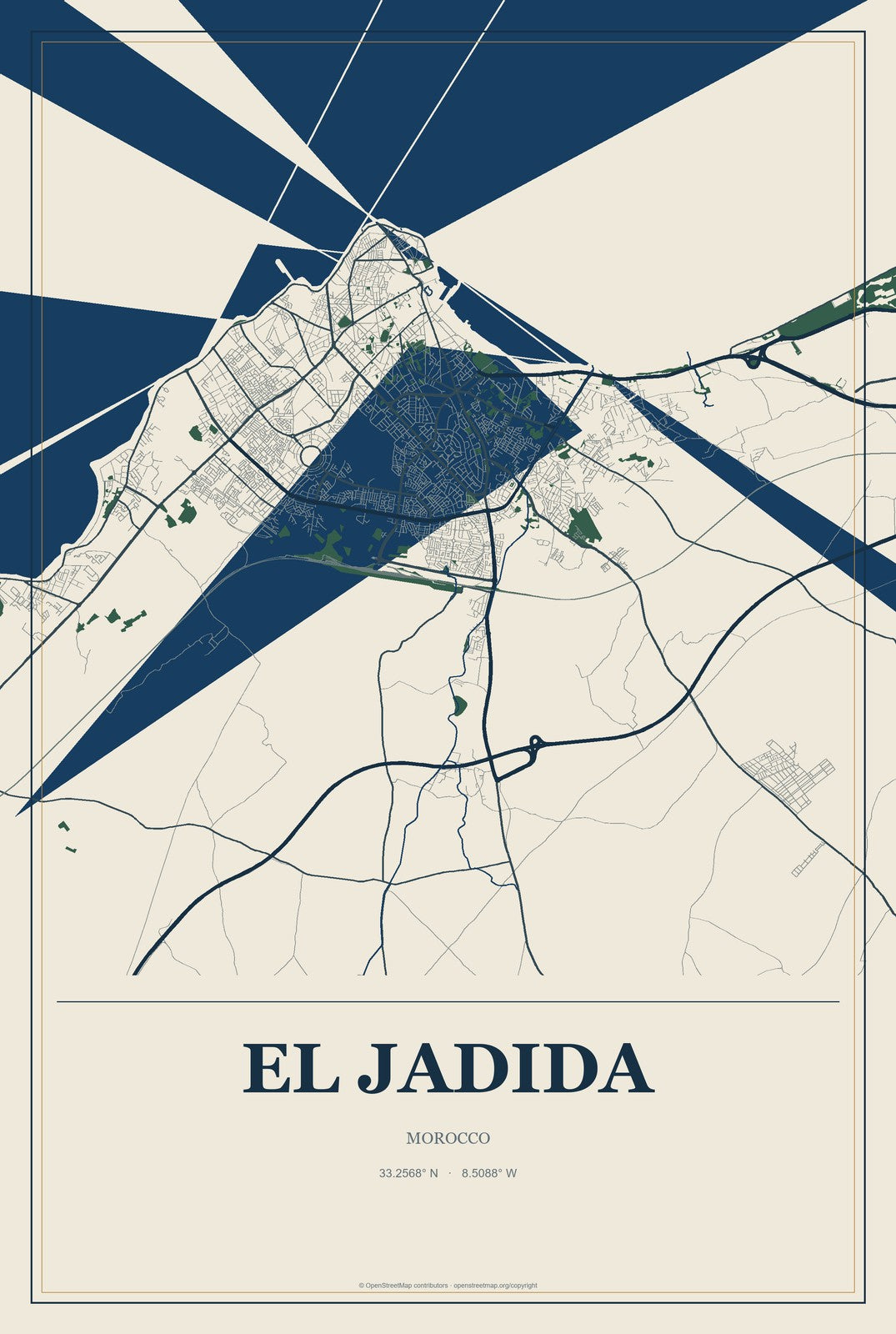 El Jadida, Morocco City Map Aluminum Sign in Coastal Cutout style