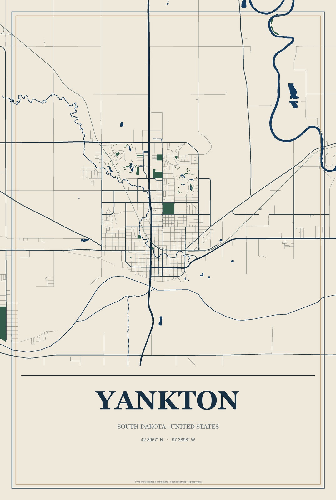 Yankton, South Dakota City Map Aluminum Sign in Coastal Cutout style