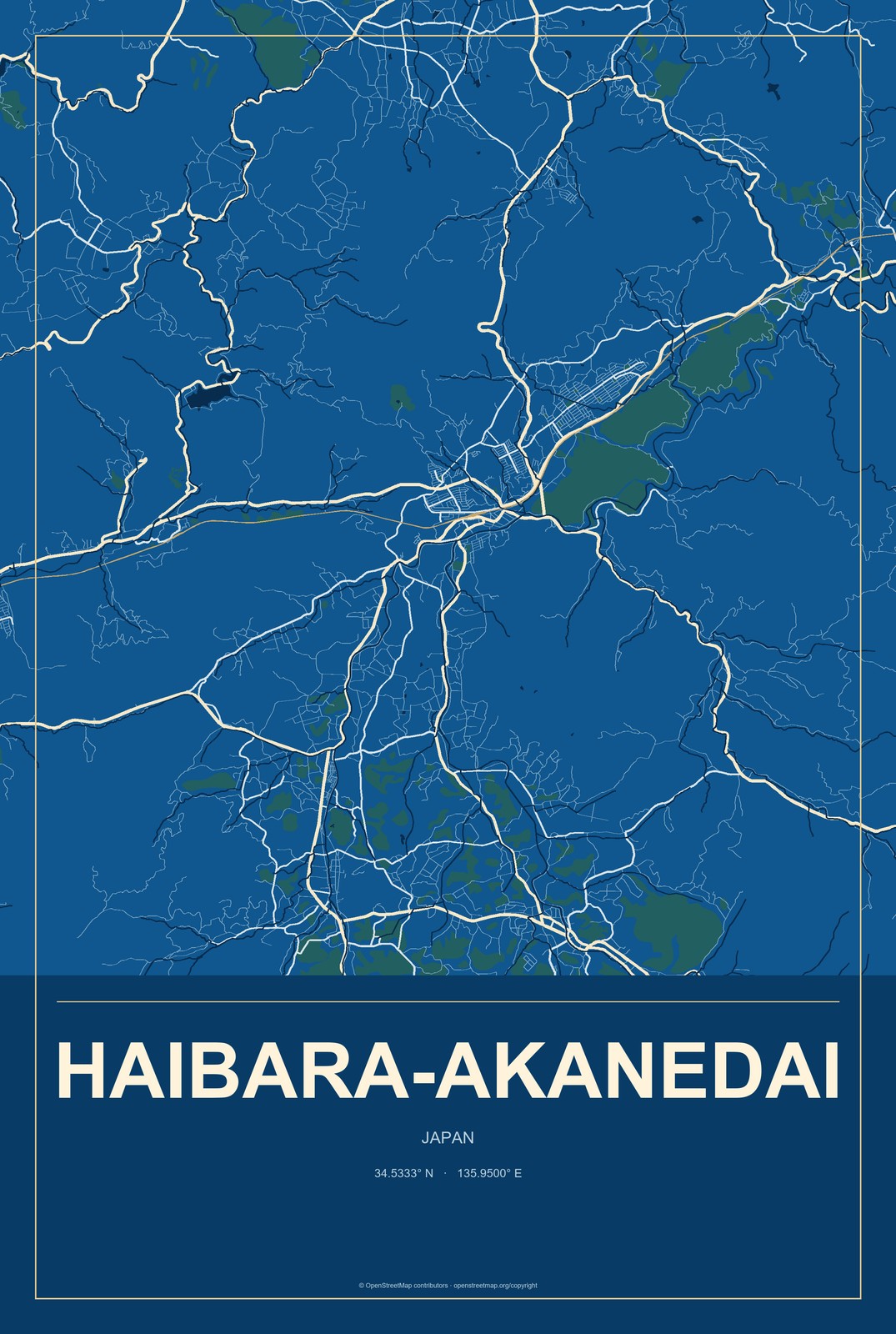 Haibara-akanedai, Japan City Map Aluminum Sign in Harbor Cobalt style