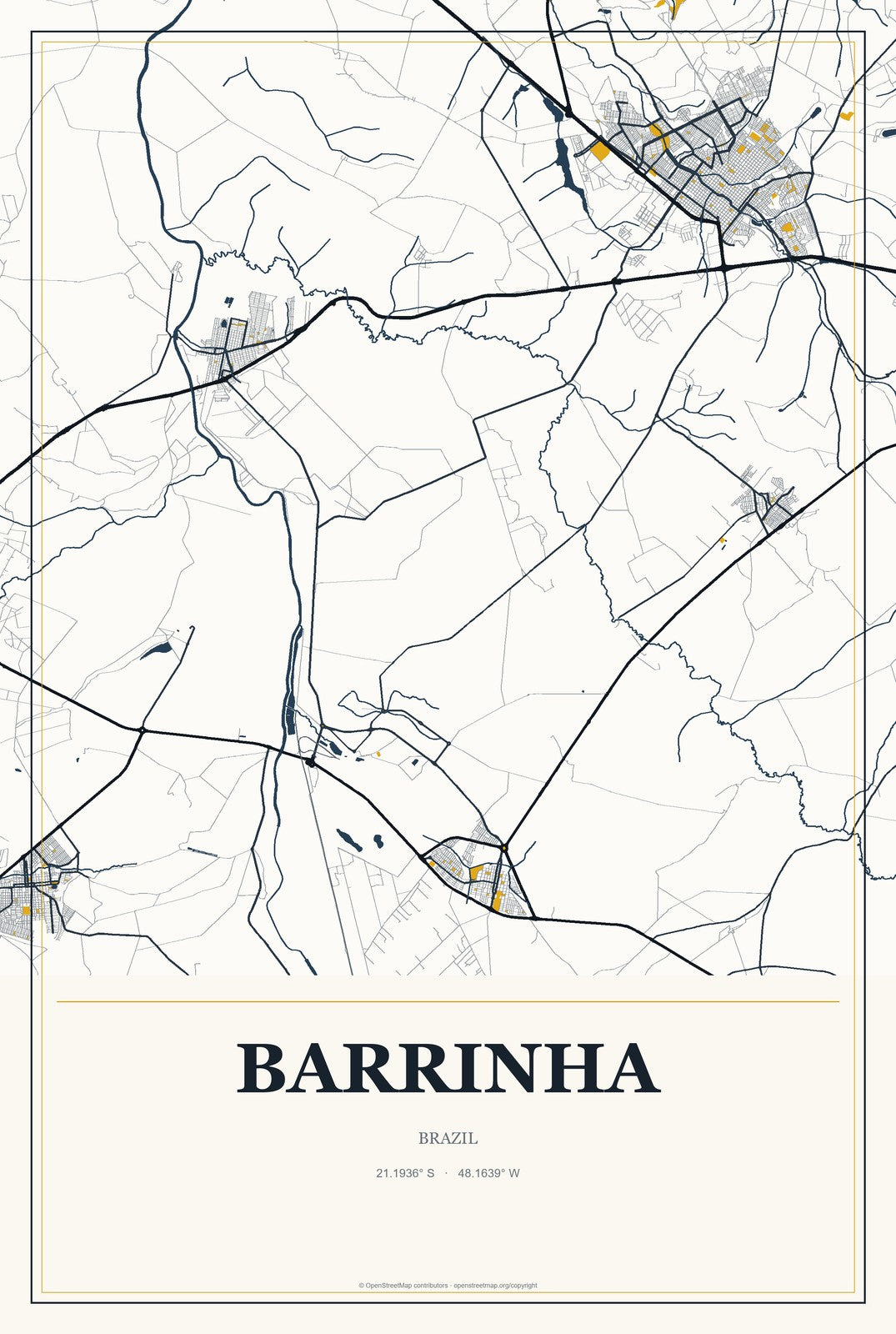 Barrinha, Brazil City Map Aluminum Sign in Citrine Modern style